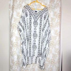 Advance B/W Kaftan Poncho Beach Cover up Boho Hippie African Mask Unisex EUC